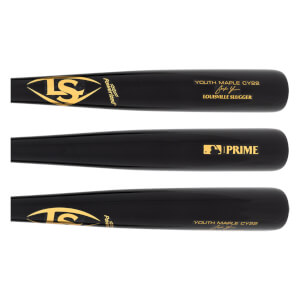Multiple views of a black baseball bat with gold Louisville Slugger Prime branding and Youth Maple CY22 text.