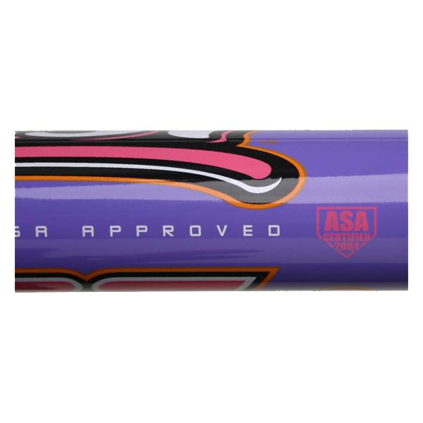Side view of a purple fastpitch softball bat with ASA APPROVED text and a pink graphic.