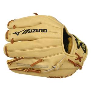 Front view of a tan Mizuno baseball glove with black MIZUNO logo and tan lacing.
