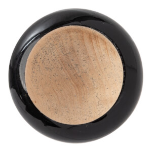 Top-down view of a black baseball bat with a natural wood end and visible grain.