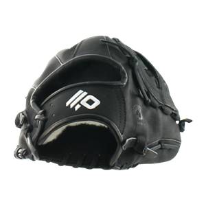 Front view of a black baseball glove with white logo and white stitching.