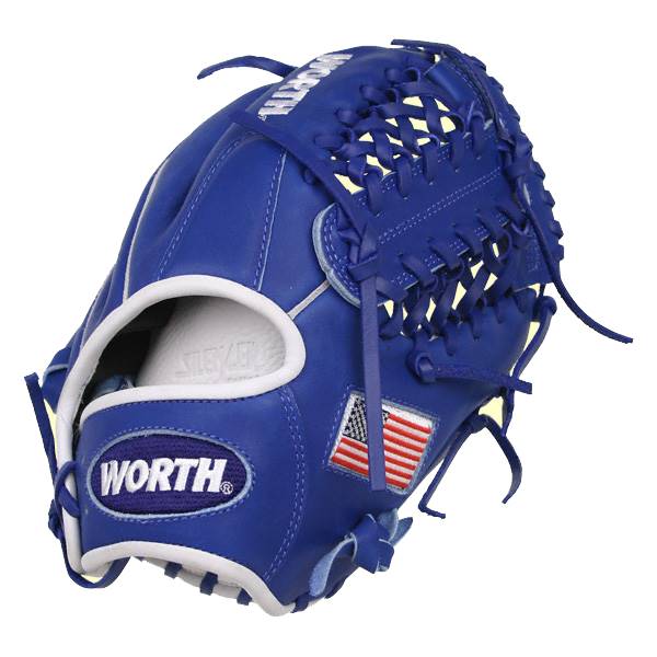 Front view of a royal blue baseball glove with white trim, a WORTH logo, and an American flag patch.