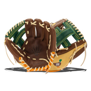 Front view of a brown baseball glove with green accents, a duck logo, and NightShift text.