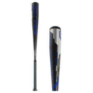 Side view of a black baseball bat with blue Rawlings branding and a gray grip.