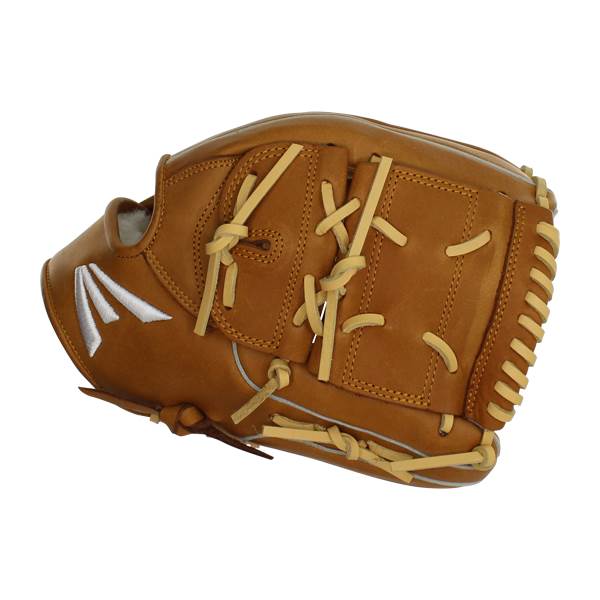 Side view of a tan baseball glove with tan lacing and a white Easton logo.