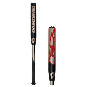 Side view of a black DeMarini fastpitch softball bat with a silver barrel and red CF6 logo.