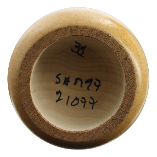End view of a light wood baseball bat with 39, SAM97, and 21097 stamped on the knob.