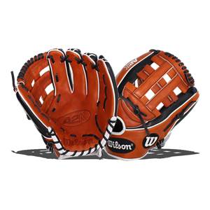 Front view of a brown baseball glove with A2K and Wilson branding.