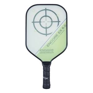 Front view of a white pickleball paddle with a target graphic, ENCORE EX 6.0 text, and a black grip.