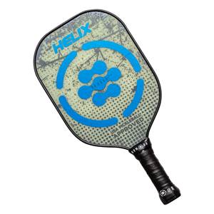 Top-down view of a light green pickleball paddle with blue HELIX and Armour branding, and USA Pickleball Approved text.