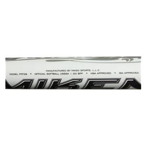 Close-up of a white Miken softball bat with black lettering including MODEL FPFX9, OFFICIAL SOFTBALL USSSA 1.20 BPF, and NSA APPROVED.