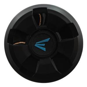 Top-down view of a black baseball bat end cap with a blue Easton logo.