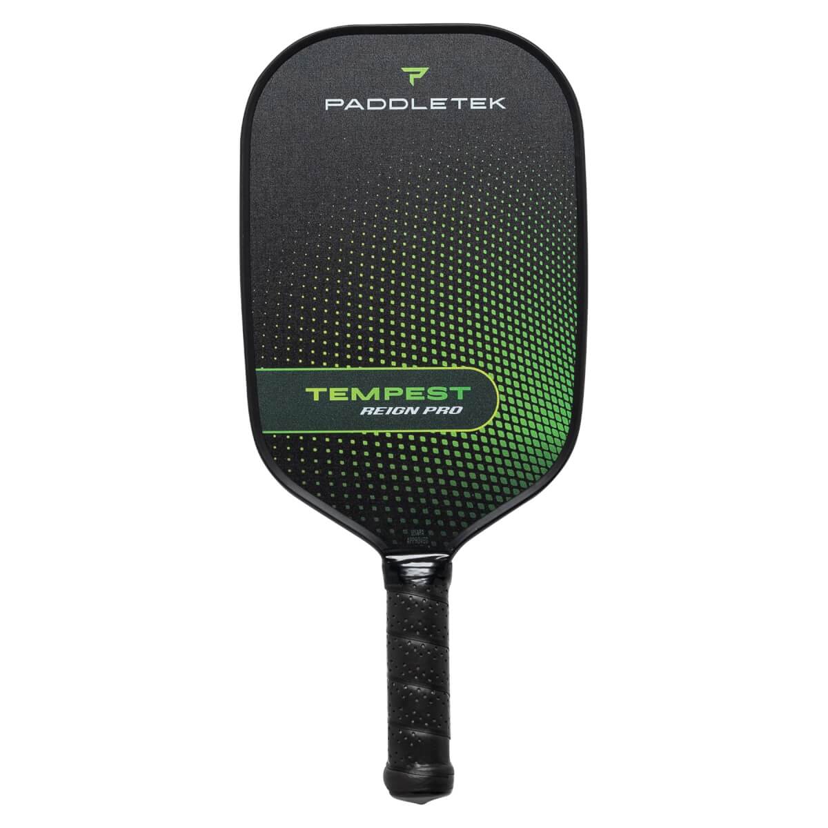 Front view of a black pickleball paddle with green gradient dots, PADDLETEK logo, and TEMPEST REIGN PRO text.