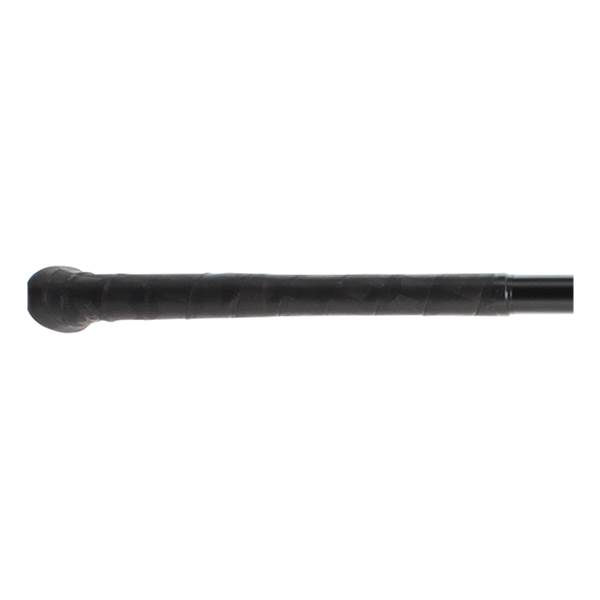 Side view of a black baseball bat with a textured grip.