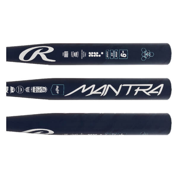 Three views of a navy blue softball bat with white Mantra text and Rawlings logo.