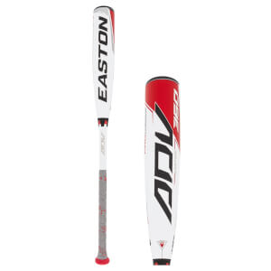 Side view of a white baseball bat with red and black accents, EASTON branding, and a grey grip.