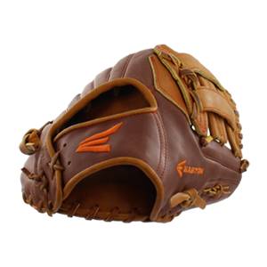 Side view of a brown baseball glove with orange Easton logo and stitching.