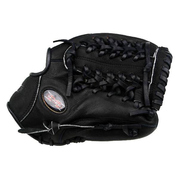 Side view of a black baseball glove with white stitching and a Miken logo.