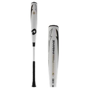 Front view of a white baseball bat with black DeMarini logo and INSANE text.