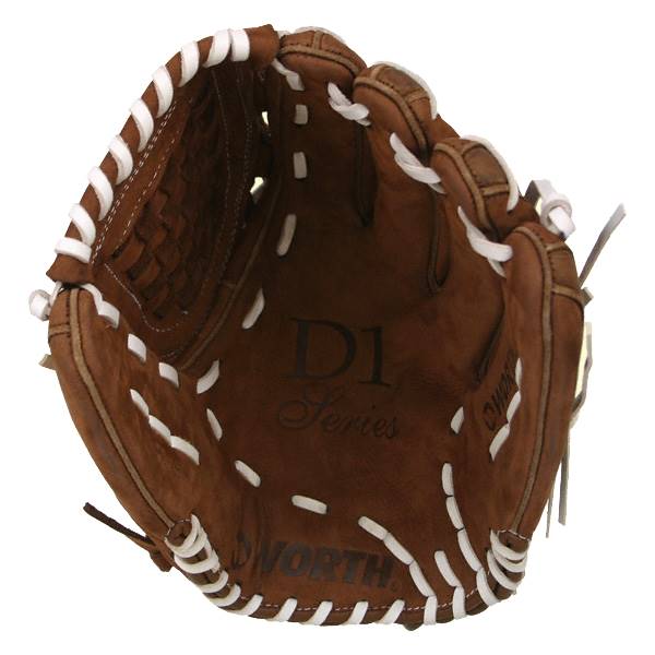 Top-down view of a brown baseball glove with white lacing and D1 Series and WORTH branding.