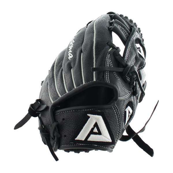Top-down view of a black baseball glove with white stitching and a large white A logo.
