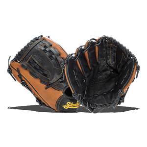 Front view of two brown and black baseball gloves with Shoeless Joe branding.