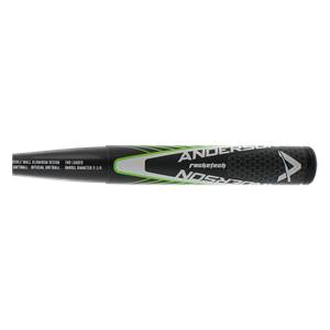 Side view of a black and green Anderson Rocketech softball bat with honeycomb grip and text details.