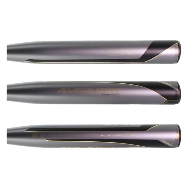 Side view of a grey softball bat with AVENGE and POWER GAP text and a black accent.