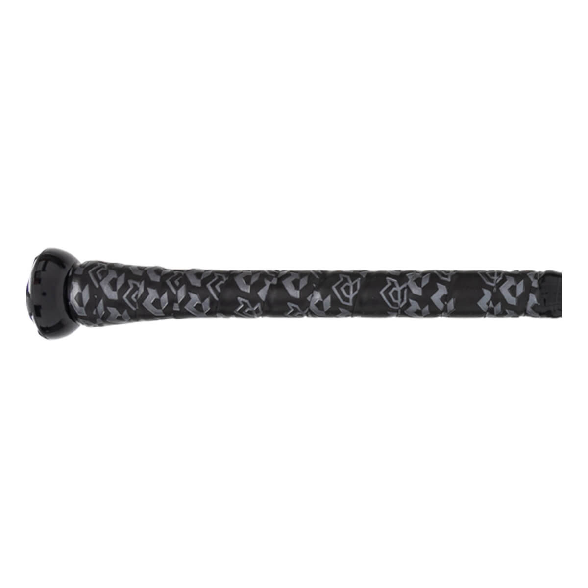 Side view of a black baseball bat with a patterned grip and black end cap.