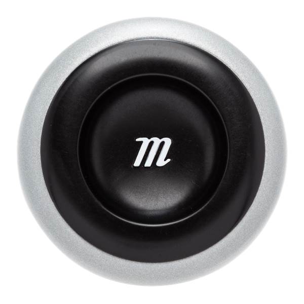 End view of a silver and black baseball bat with a white m logo.