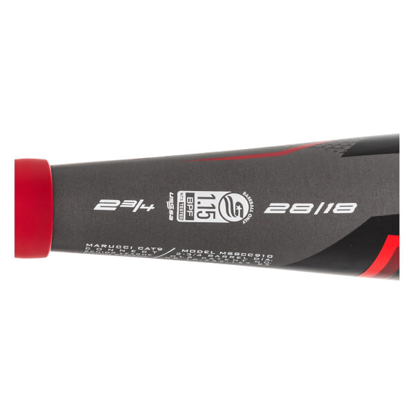 Side view of a black baseball bat with red accents, showing 2 3/4, 1.15 BPF, and 28/18 markings.