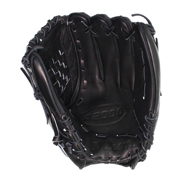 Top-down view of a black baseball glove with A2000 and Wilson branding.