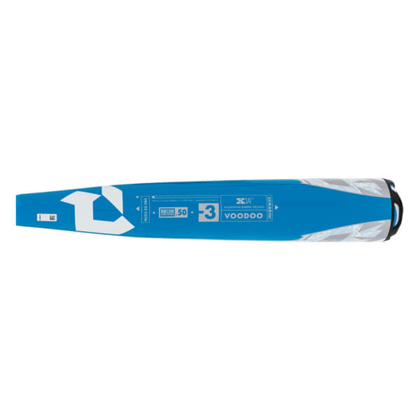 Top-down view of a blue DeMarini Voodoo baseball bat with white branding and a black end cap.