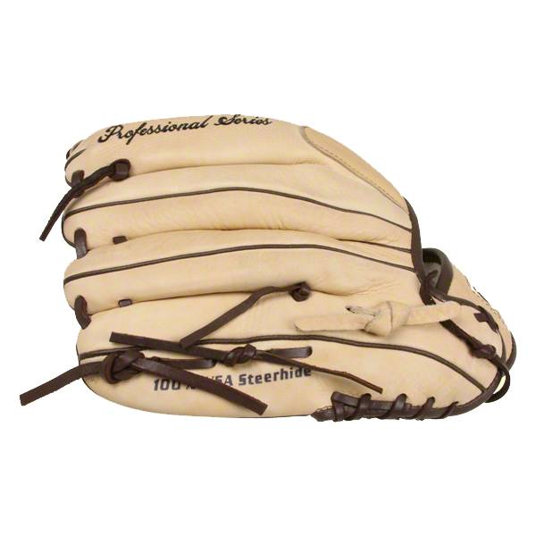 Side view of a tan baseball glove with Professional Series and 100% USA Steerhide text.