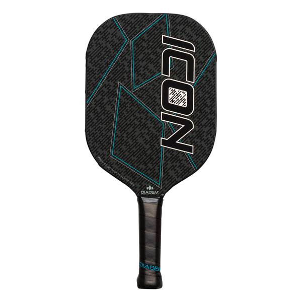 Front view of a black pickleball paddle with a geometric design, ICON text, and Diadem branding.