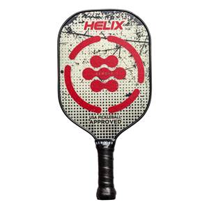 Front view of a cream and black pickleball paddle with red circular and dot graphics, HELIX text, and USA PICKLEBALL APPROVED text.