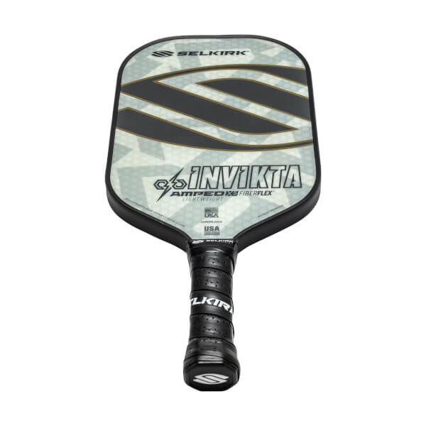 Front view of a gray pickleball paddle with black stripes, INVIKTA text, and a black grip.