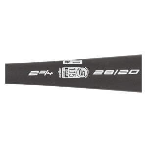 Side view of a black baseball bat with 2 1/4, USSSA, BPF 1.15, marucci, and 28/20 printed in white.