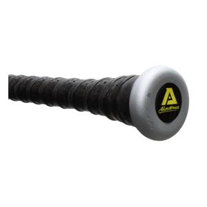 Close-up of a silver baseball bat end cap with a black and yellow Akadema logo and a black perforated grip.