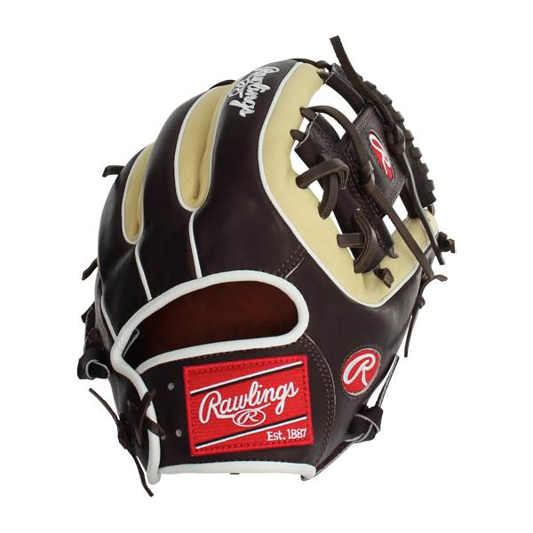 Side view of a brown baseball glove with tan accents and a red Rawlings logo patch.