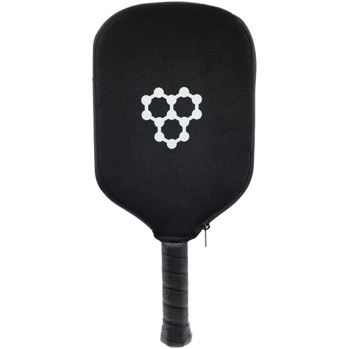 Front view of a black pickleball paddle in a black cover with a white hexagonal logo.