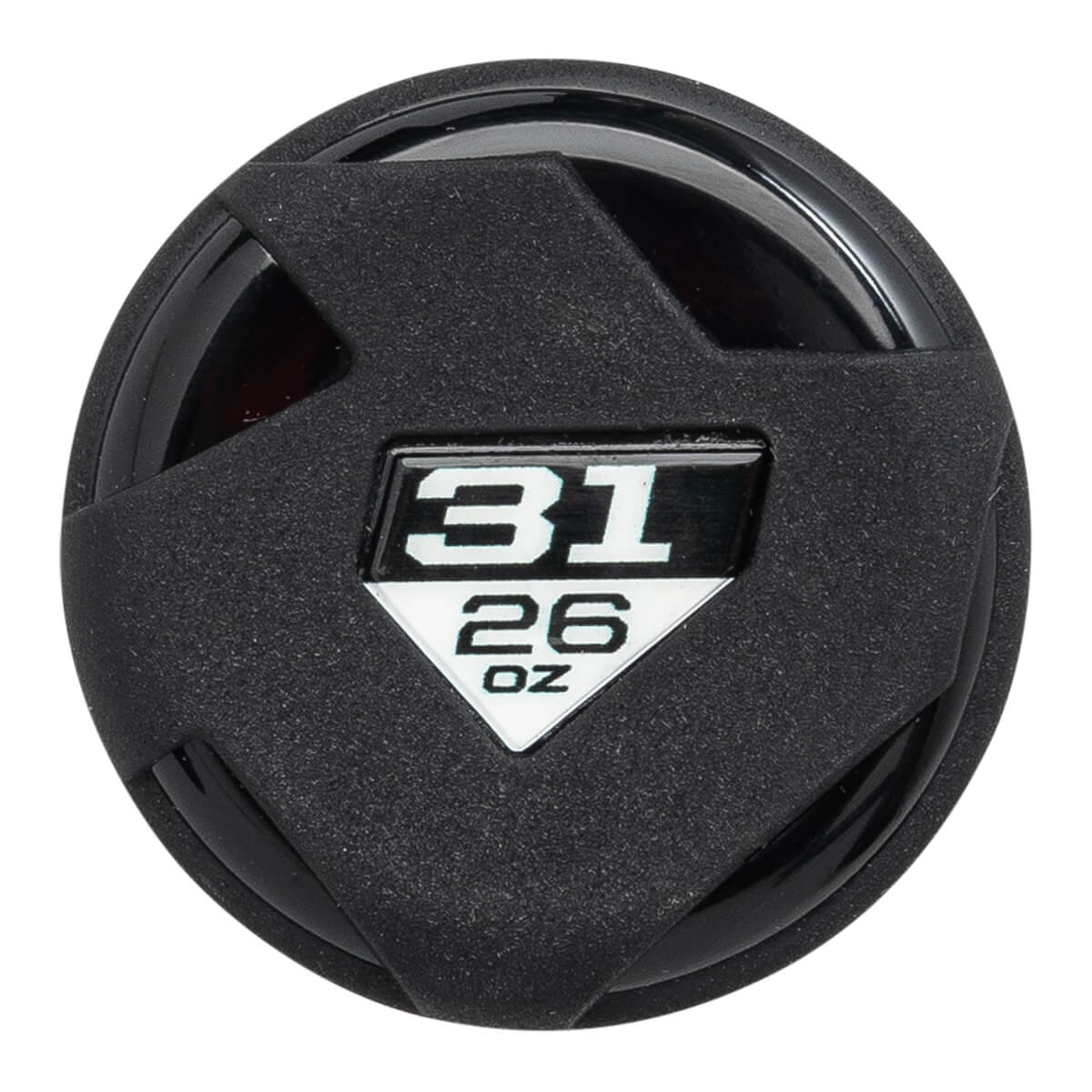 Top-down view of a black baseball bat end cap with a textured surface and a white diamond logo showing 31 and 26 OZ.