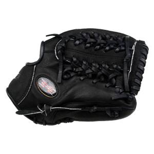 Side view of a black baseball glove with white stitching and a Miken logo.