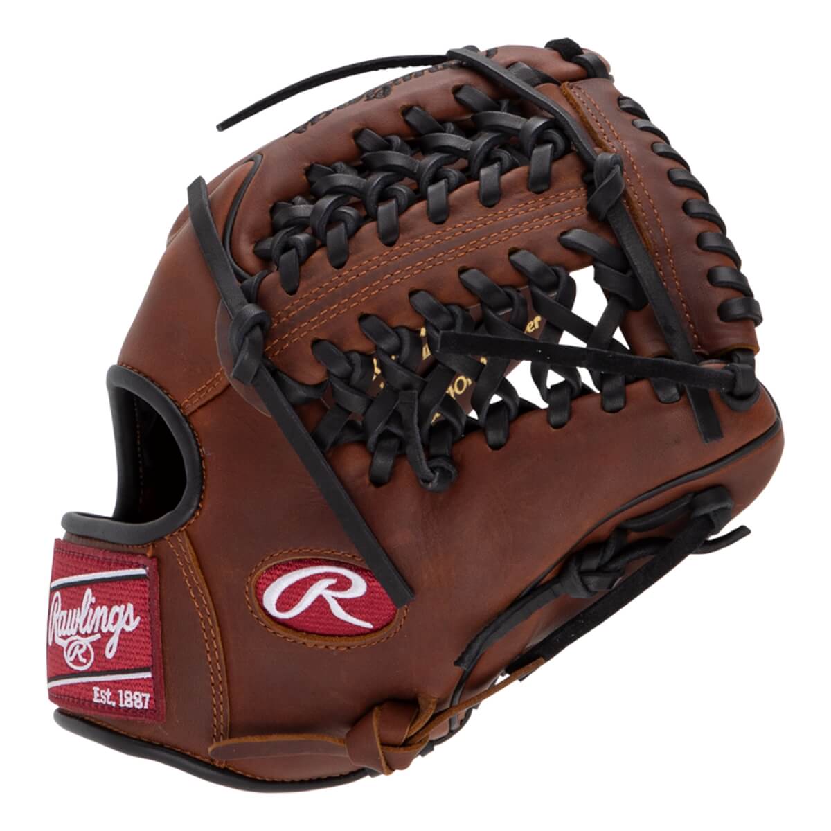 Side view of a brown baseball glove with black lacing and a red Rawlings logo patch.