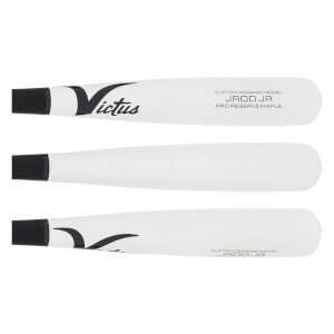 Multiple views of a white and black maple wood baseball bat with Victus logo, JROD JR model, and black handle.