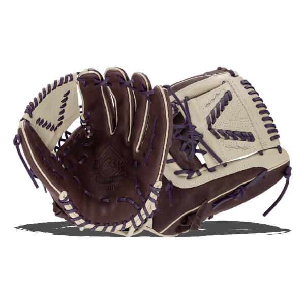 Top-down view of a brown and cream softball glove with purple lacing and a Classic logo.