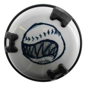 End view of a white baseball bat with a blue shark-mouthed baseball graphic and black end caps.