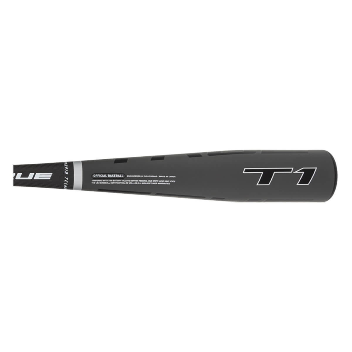 Top-down view of a black baseball bat with UE and T1 logos and OFFICIAL BASEBALL text.