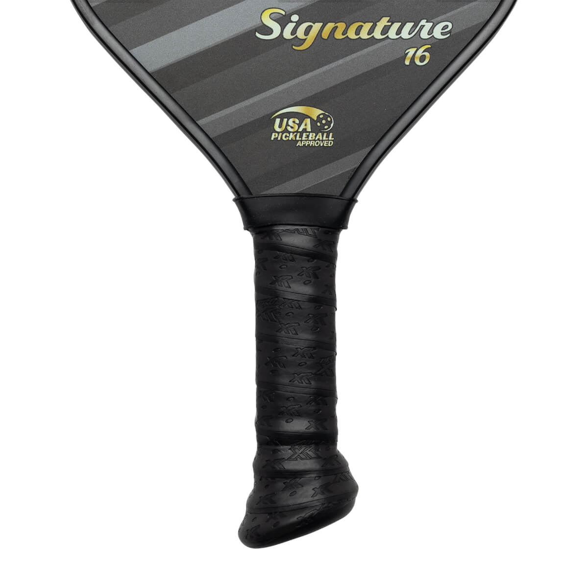 Top-down view of a black pickleball paddle with Signature 16 and USA Pickleball Approved logo.