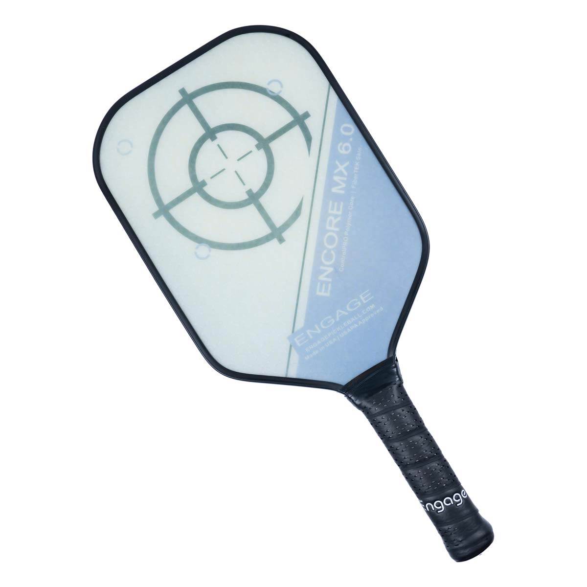 Top-down view of a white and blue pickleball paddle with a target graphic and ENGAGE logo.